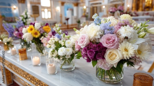 Ornate Temple Altar Adorned with Fresh Flowers in Soft Lighting Interior Blue Accents White and Gold Details Elegant Floral Arrangements Candlelit Vases Marble Surface