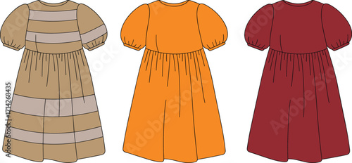 Women's fashion flat technical sketch of a baby doll dress with puff sleeves and a gathered skirt, perfect for design templates and concepts.