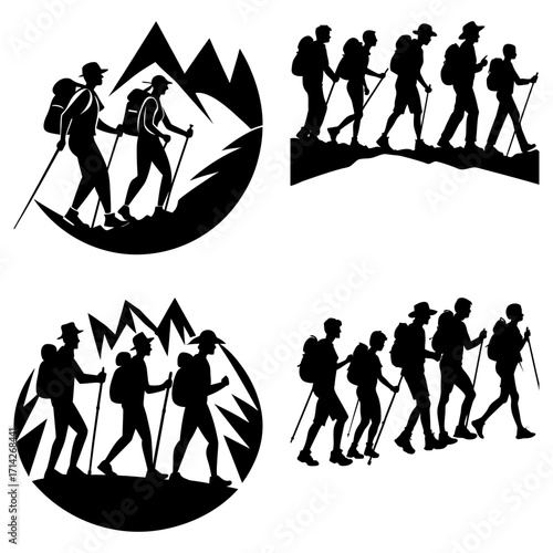 Silhouetted hikers with backpacks and trekking poles against mountain backgrounds in various compositions