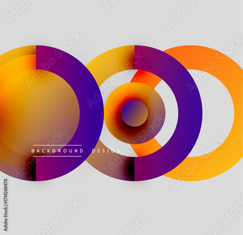 Abstract circles overlap, creating vibrant color gradients. Design features orange, purple, white hues against gray backdrop. Modern aesthetic.