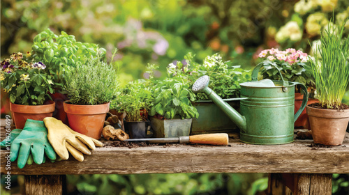 A photograph of gardening tools and plants on an old wooden table, including a watering can, gloves, a trowel, various herbs in pots, and flowers with a green background.