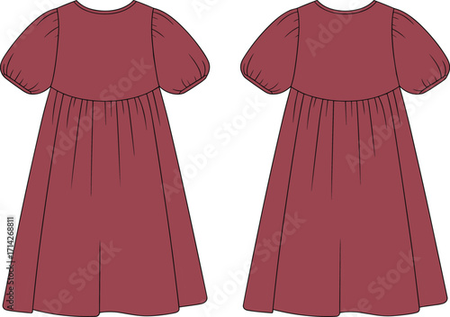 Women's fashion flat technical sketch of a casual mini dress with a baby doll silhouette, puff sleeves, and a gathered skirt.