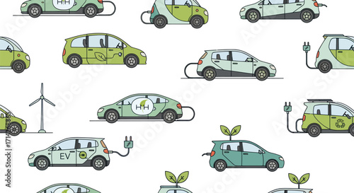 A charming pattern of diverse electric cars and a wind turbine showcasing eco-friendly transportation.