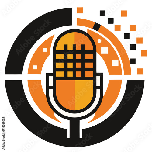 Podcast Microphone Logo Abstract Audio Symbol with Pixel Wave Elements in Orange and Black