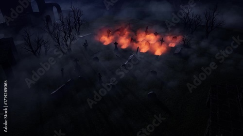 An old, abandoned cemetery with headstones jutting out in all directions and light emanating from the graves, next to ancient ruins. Halloween. 3D rendering.