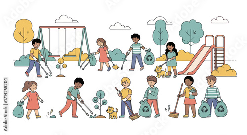 Diverse Children Cleaning Park Collecting Trash Planting Trees for Environment.