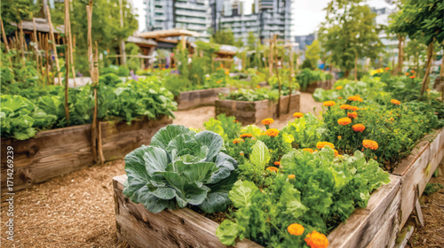 A raised bed garden with various vegetables and flowers, showcasing the concept of organic vegetable gardening in an urban setting.  