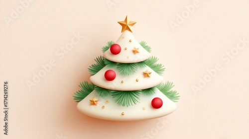Christmas tree cookie decorated with red balls and gold star  