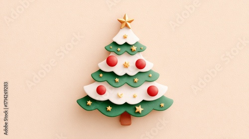 Decorative Christmas tree with ornaments and star on pastel background  