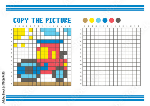 Copy the picture grid drawing worksheet for kids. Pixel art road roller