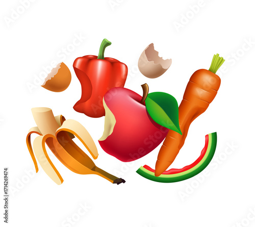Organic waste. Leftover food. Vector 3d illustration isolated on white background.