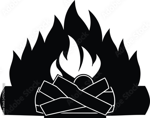 Fireplace with burning logs silhouette vector illustration