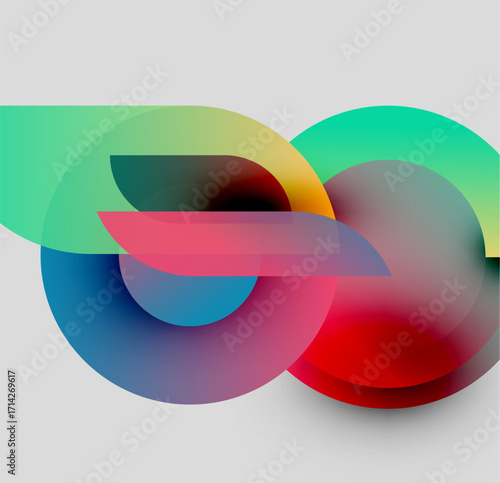 Abstract colorful shapes overlap, creating dynamic visual effect. Gradients blend smoothly, forming flowing composition. Modern design.