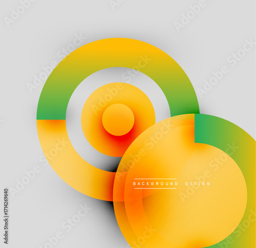 Abstract vibrant circles overlap. Orange, green hues blend smoothly. Modern design element for backgrounds, presentations. Simple, clean aesthetic.