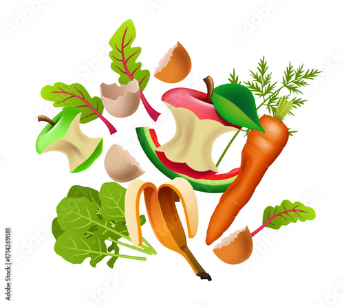 Organic waste. Leftover food. Vector 3d illustration