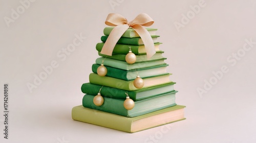 Christmas tree made of stacked green books with ribbon and ornaments  