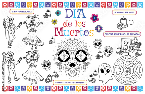 Festive placemat for children. Printable activity sheet "Dia de los Muertos" with a labyrinth, find differences and connect dots. 17x11 inch printable vector file