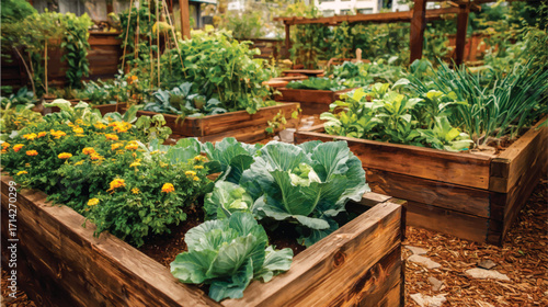A raised bed garden with various vegetables and flowers, showcasing the concept of organic vegetable gardening in an urban setting.  