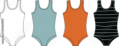 Women's classic one-piece swimsuit fashion flat technical sketch template with tank straps and a scoop neckline for swimwear design reference.