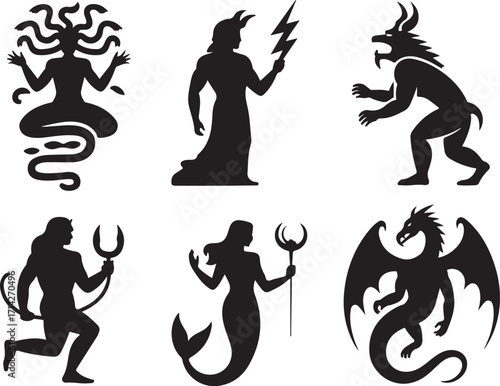 Mythical creatures in black silhouette design set