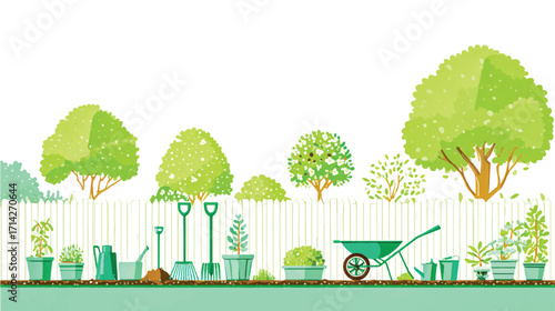A simple, flat vector illustration of a spring gardening scene, with garden tools like shovels and rakes, a wheelbarrow for moving soil, 