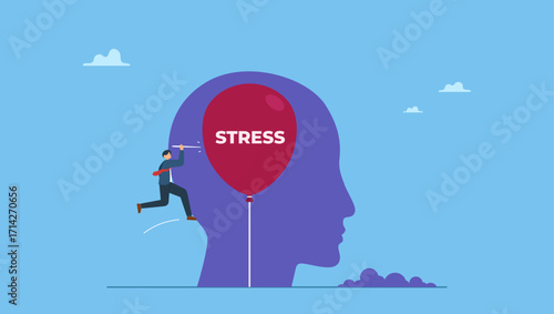 A man help solve anxiety problem using needle to burst stress balloon. Stress management, relaxation to relieve anxiety or anger from your brain, meditation to help reduce stress.