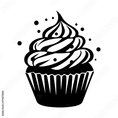 A black and white cupcake with swirl frosting and sprinkles in a decorative paper cup illustration design