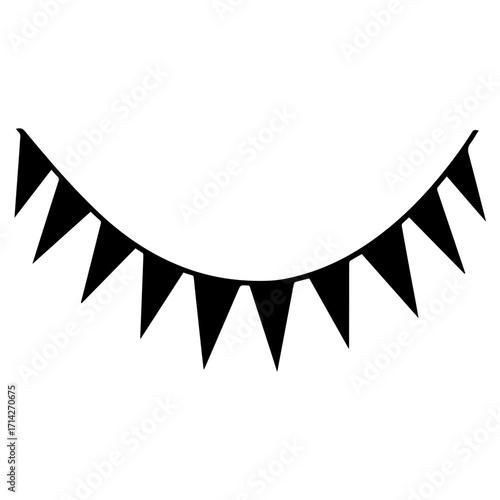 Silhouette of a curved string of triangular pennant flags hanging for a party decoration or celebration