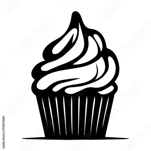Illustration of a black and white cupcake with a swirl of frosting on top and a lined paper cup base
