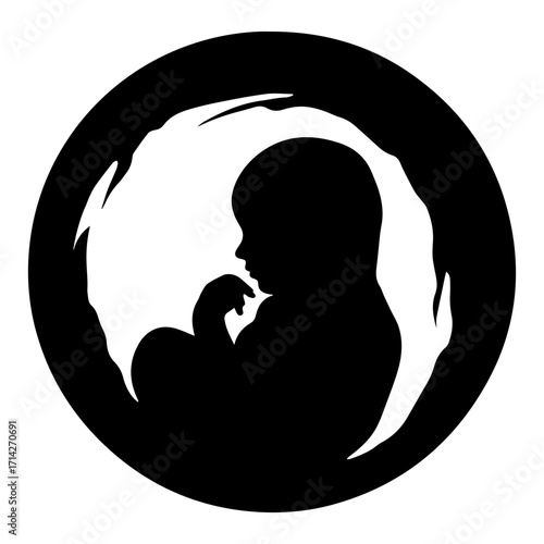 Silhouette of a fetus inside a womb depicted in black and white circular graphic design element art