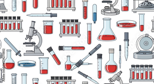 Scientific Laboratory Equipment Pattern with Blood Samples and Microscopes.