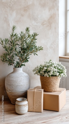 Neutral Toned Still Life with Olive Branches and White Flowers on Textured Table Against Textured Wall