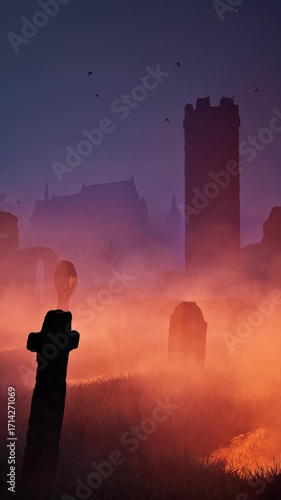 An old, abandoned cemetery with headstones jutting out in all directions and light emanating from the graves, next to ancient ruins. Halloween. 3D rendering.