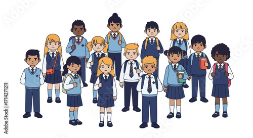 Group of Diverse Cartoon School Children in Uniforms.