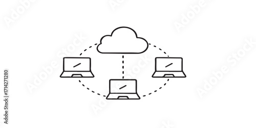 Print  Flat minimal vector of remote teamwork – multiple laptops connected around cloud storage icon, isolated simple paths.