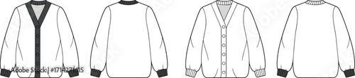 Women's and Men's classic cardigan fashion flat technical sketch with v-neckline, front buttons, and ribbed cuffs for apparel design templates.