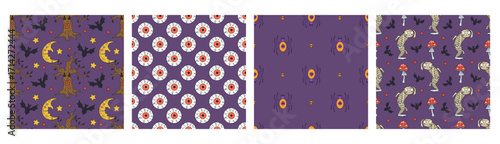 Set of 4 Seamless patterns with cute hand drawn Halloween motifs
