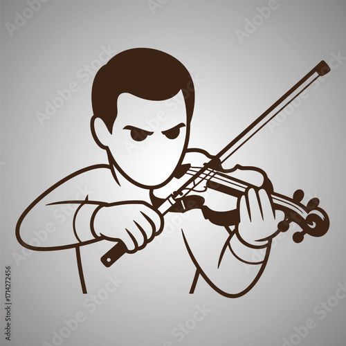 Stylized man playing violin with intense expression in brown outline musician male