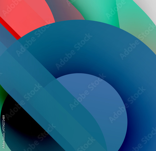 Abstract shapes overlap, creating vibrant color gradients. Blue dominates composition with hints red, green, black. Smooth transitions define forms.