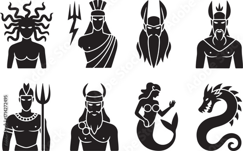 Mythical creatures icons Medusa Poseidon mermaid dragon