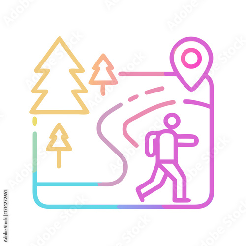 Hiking man walking along trail in nature surrounded by trees  