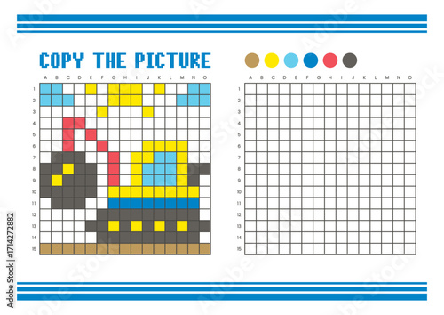 Copy the picture grid drawing worksheet for kids. Pixel art wrecking ball crane