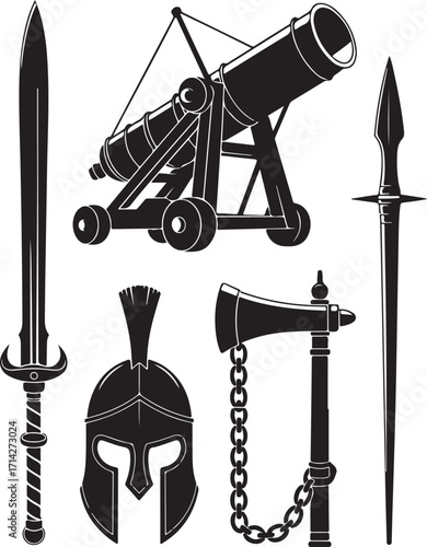 Illustrations of ancient military weaponry and gear
