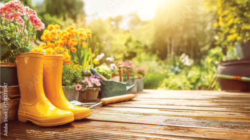 A sunny garden with colorful flowers, wooden walkways, and yellow rain boots next to gardening tools on the ground. The sun shines brightly in the background, creating beautiful light effects