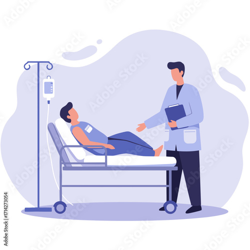 Doctor consulting patient lying on hospital bed with IV drip  