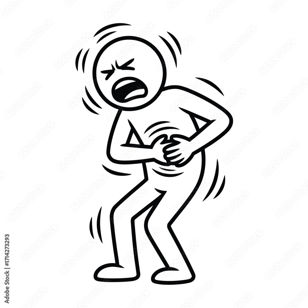 Fototapeta premium Vector illustration of a stick figure experiencing severe abdominal pain icon silhouette vector illustration white background