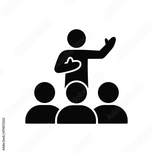 Simple vector icon of a speaker addressing an audience for presentations and public speaking silhouette vector illustration white background