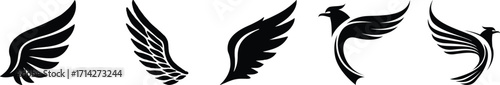 Wings icon, Black wing silhouettes, Angel and bird wings icons, Wings collection in different shapes.Vector angel wings set collection illustration drawing silhouette design graphic element isolated 