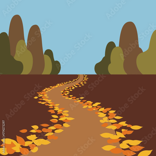 A winding path strewn with autumn leaves leads through a tranquil landscape.