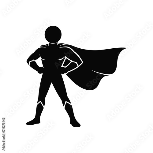 Simple black silhouette vector illustration of a hero character with flowing cape scalable eps icon silhouette vector illustration white background